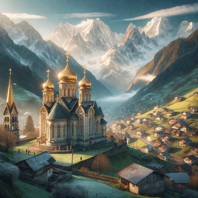 The primary subject of the image is a large, beautiful church with a golden dome, situated on a hillside. The church is surrounded by a lush green field, and it is situated in a picturesque mountain valley. The visual style of the image is a combination of photo and digital art, creating a stunning and realistic representation of the church and its surroundings. The colors and mood of the image are warm and inviting, with the golden dome and green field creating a sense of serenity and tranqu